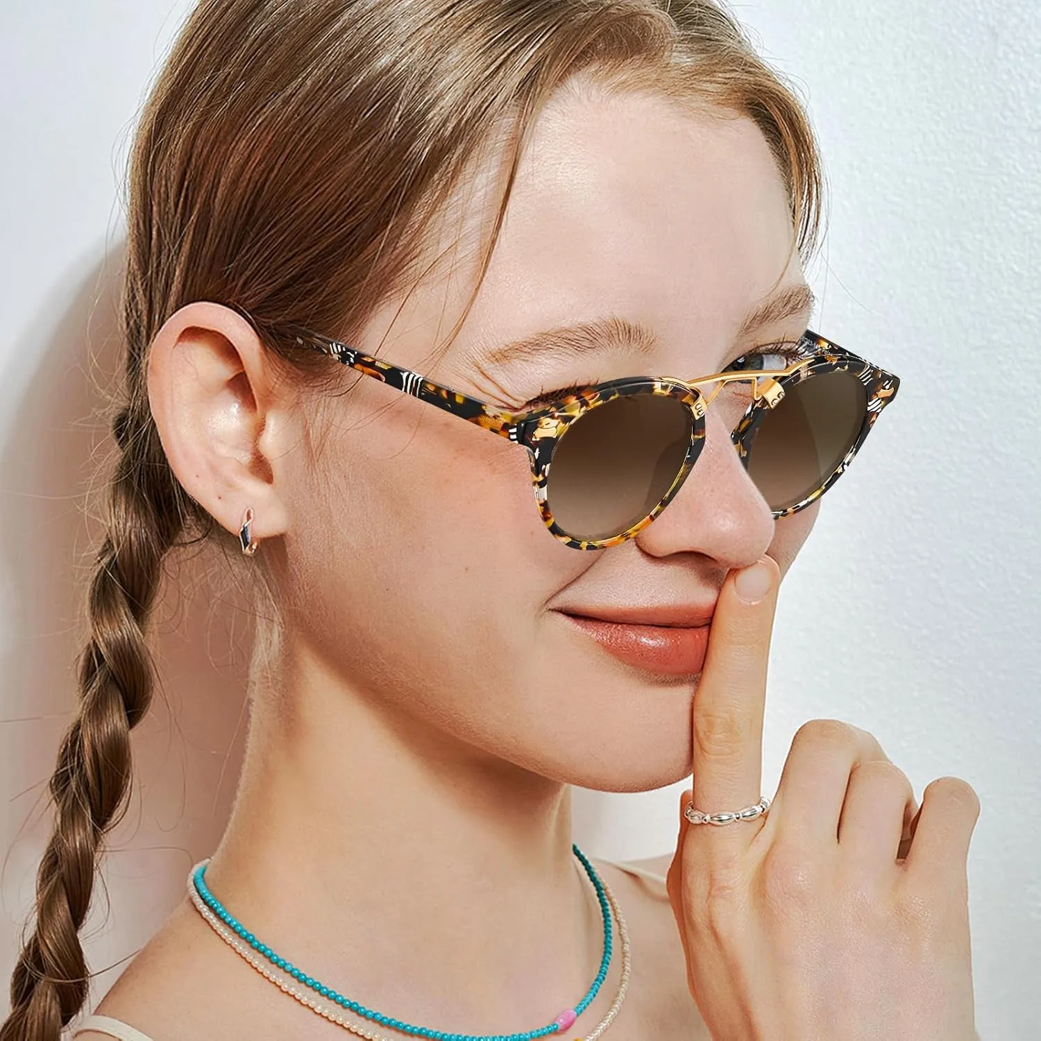 CARFIA Double Bridge Small Acetate Sunglasses for Women Polarized, Retro Metal Brow Ladies Sunnies Fashion Round Eyewears
