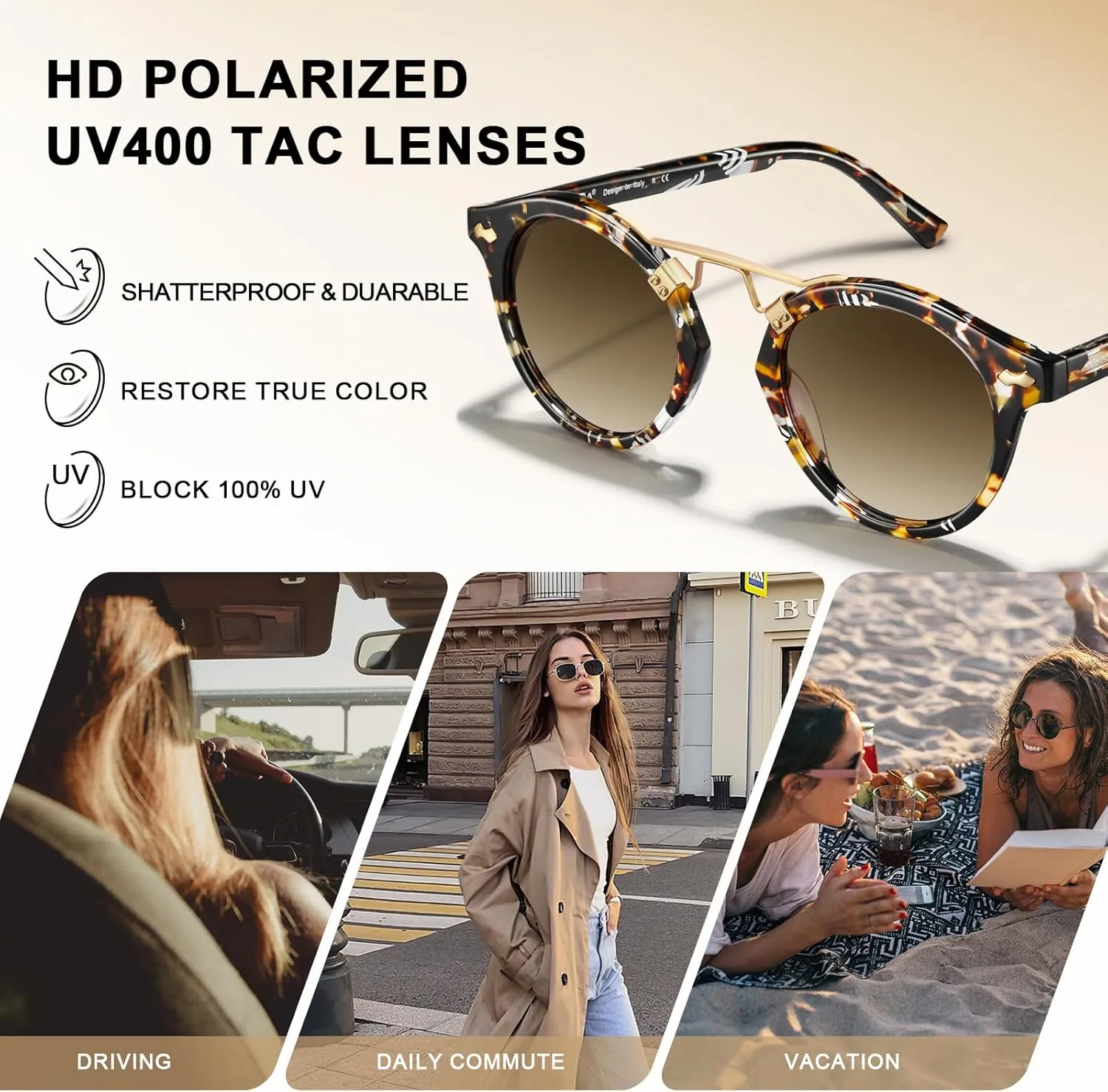 CARFIA Double Bridge Small Acetate Sunglasses for Women Polarized, Retro Metal Brow Ladies Sunnies Fashion Round Eyewears