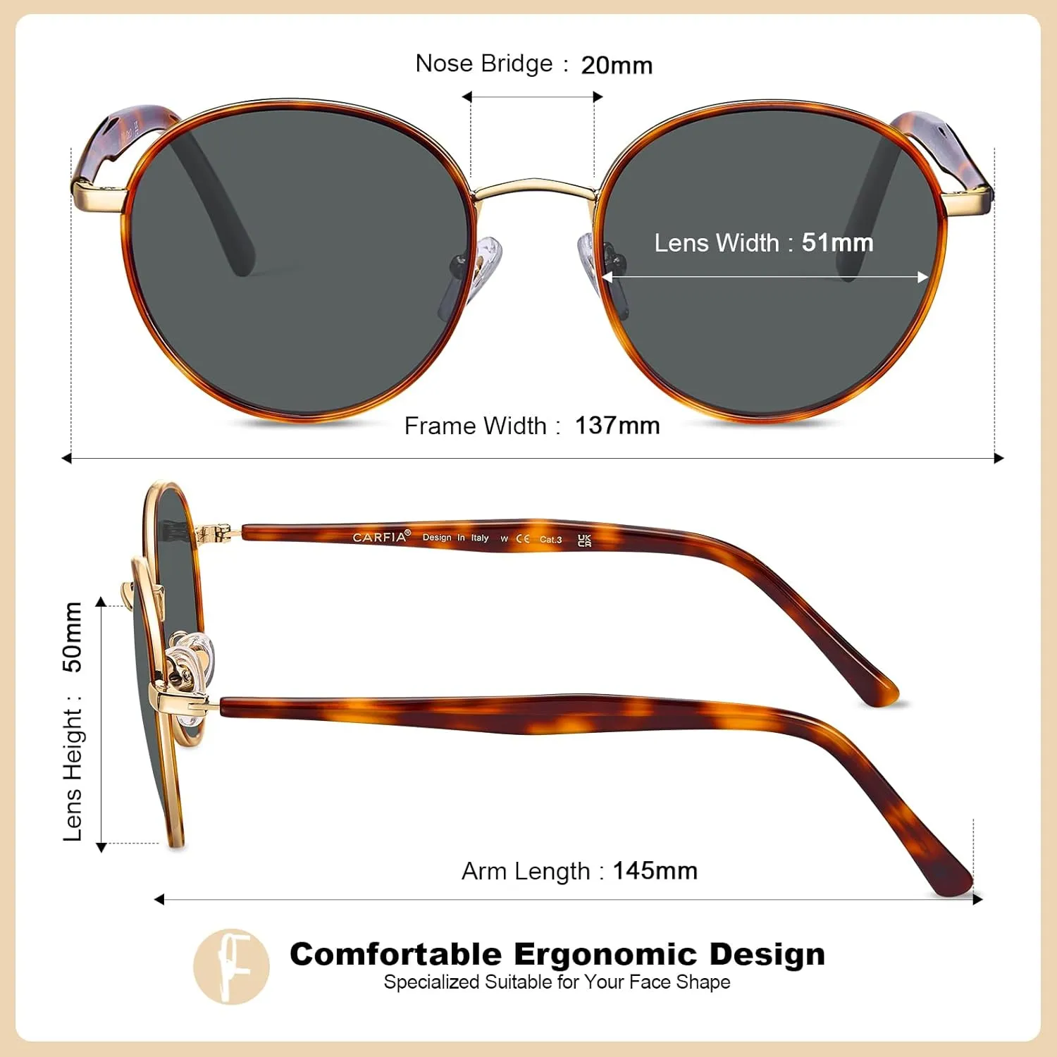 CARFIA Metal Acetate Polarized Sunglasses for Women UV400 Protection, Retro Small Round Anti-Glare Glasses Driving Shades