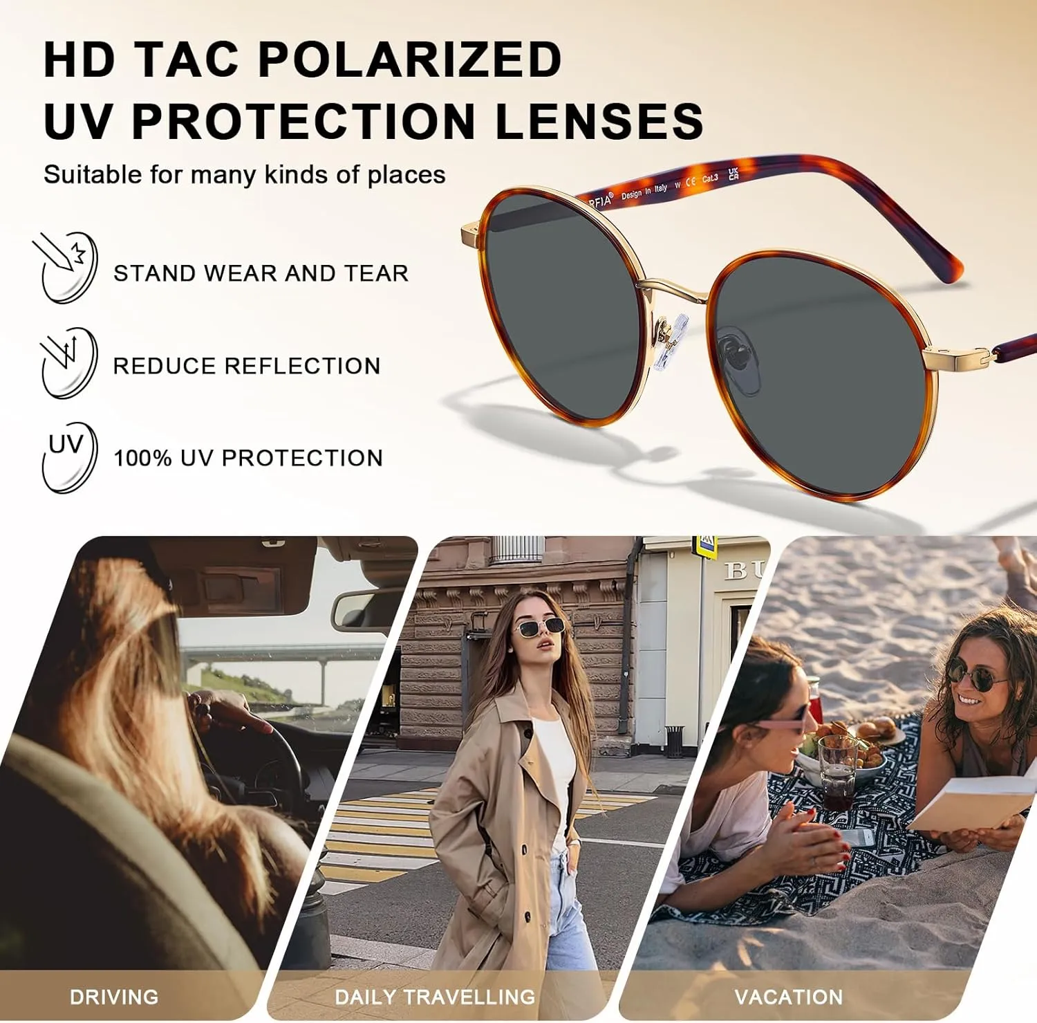 CARFIA Metal Acetate Polarized Sunglasses for Women UV400 Protection, Retro Small Round Anti-Glare Glasses Driving Shades