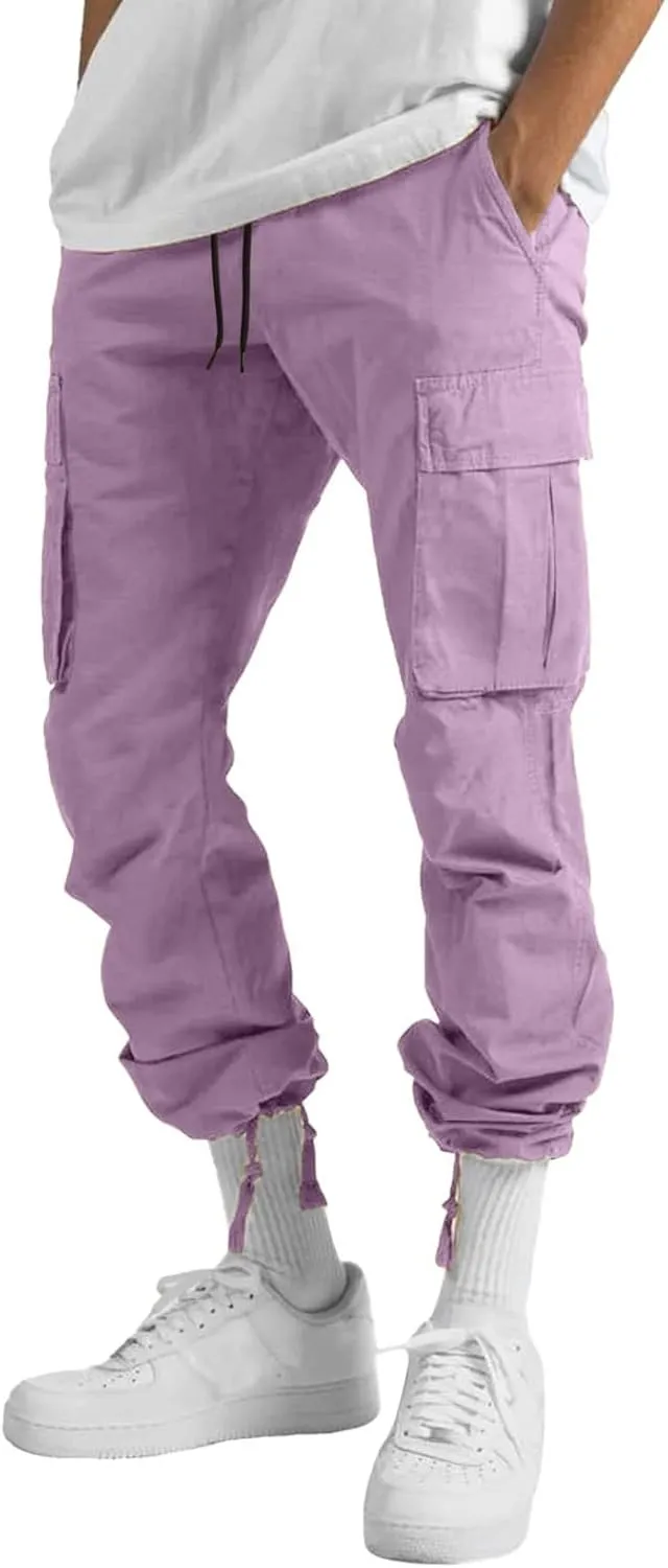 Cargo Pants for Men Relaxed Fit Mens Cargo Pants with Zipper Pockets Mens High Waisted Baggy Jogger Sweatpants Lounge