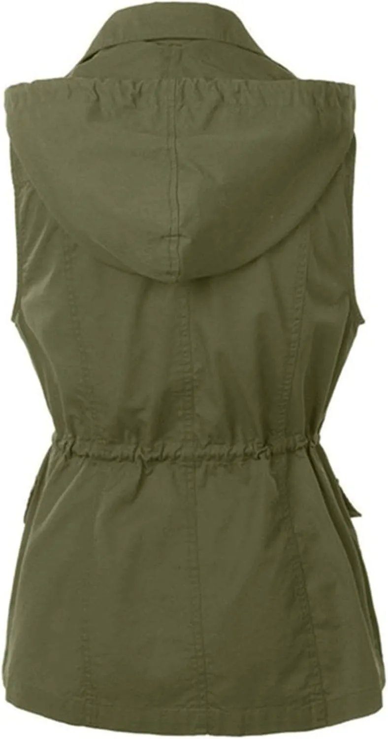 Cargo Vest Women Hooded Lightweight Sleeveless High Neck Button Drawstring Utility Travel Vest Jacket with Pockets