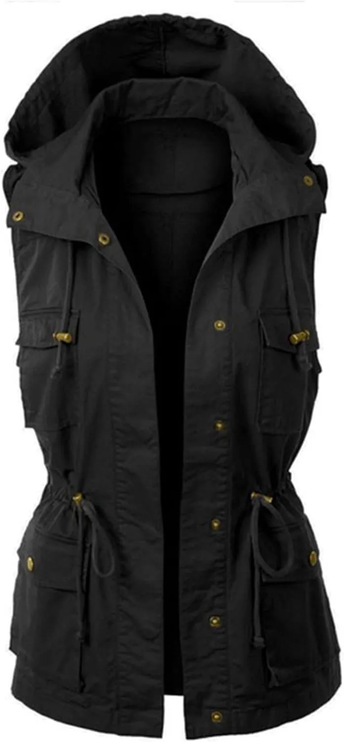 Cargo Vest Women Hooded Lightweight Sleeveless High Neck Button Drawstring Utility Travel Vest Jacket with Pockets