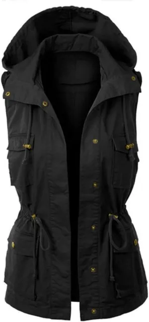Cargo Vest Women Hooded Lightweight Sleeveless High Neck Button Drawstring Utility Travel Vest Jacket with Pockets