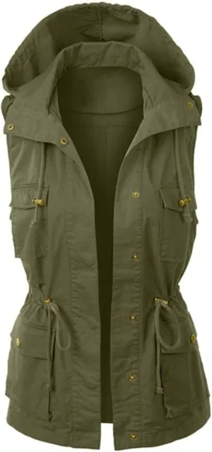 Cargo Vest Women Hooded Lightweight Sleeveless High Neck Button Drawstring Utility Travel Vest Jacket with Pockets