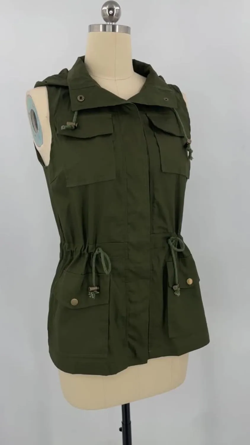 Cargo Vest Women Hooded Lightweight Sleeveless High Neck Button Drawstring Utility Travel Vest Jacket with Pockets