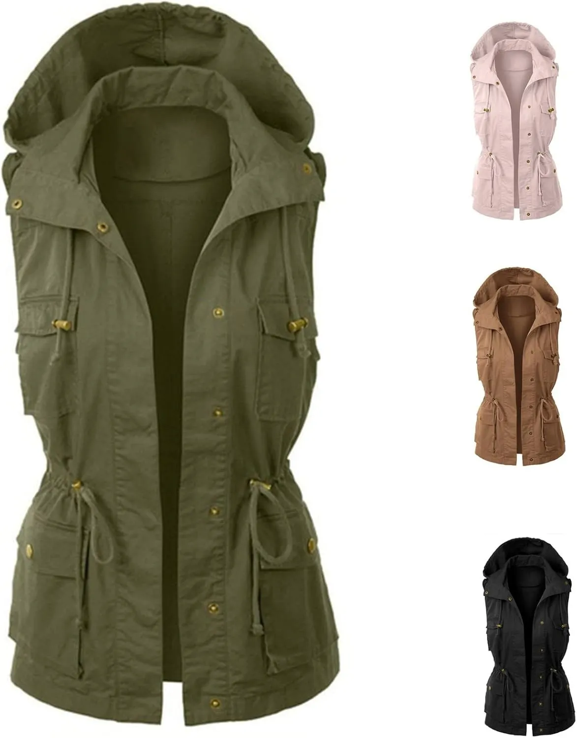 Cargo Vest Women Hooded Lightweight Sleeveless High Neck Button Drawstring Utility Travel Vest Jacket with Pockets