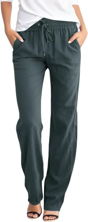 Casual Cotton Linen Pants Women Drawstring Lightweight Pants Summer Relax Fit Pants Straight Leg Lounge Trousers