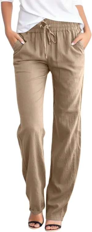 Casual Cotton Linen Pants Women Drawstring Lightweight Pants Summer Relax Fit Pants Straight Leg Lounge Trousers