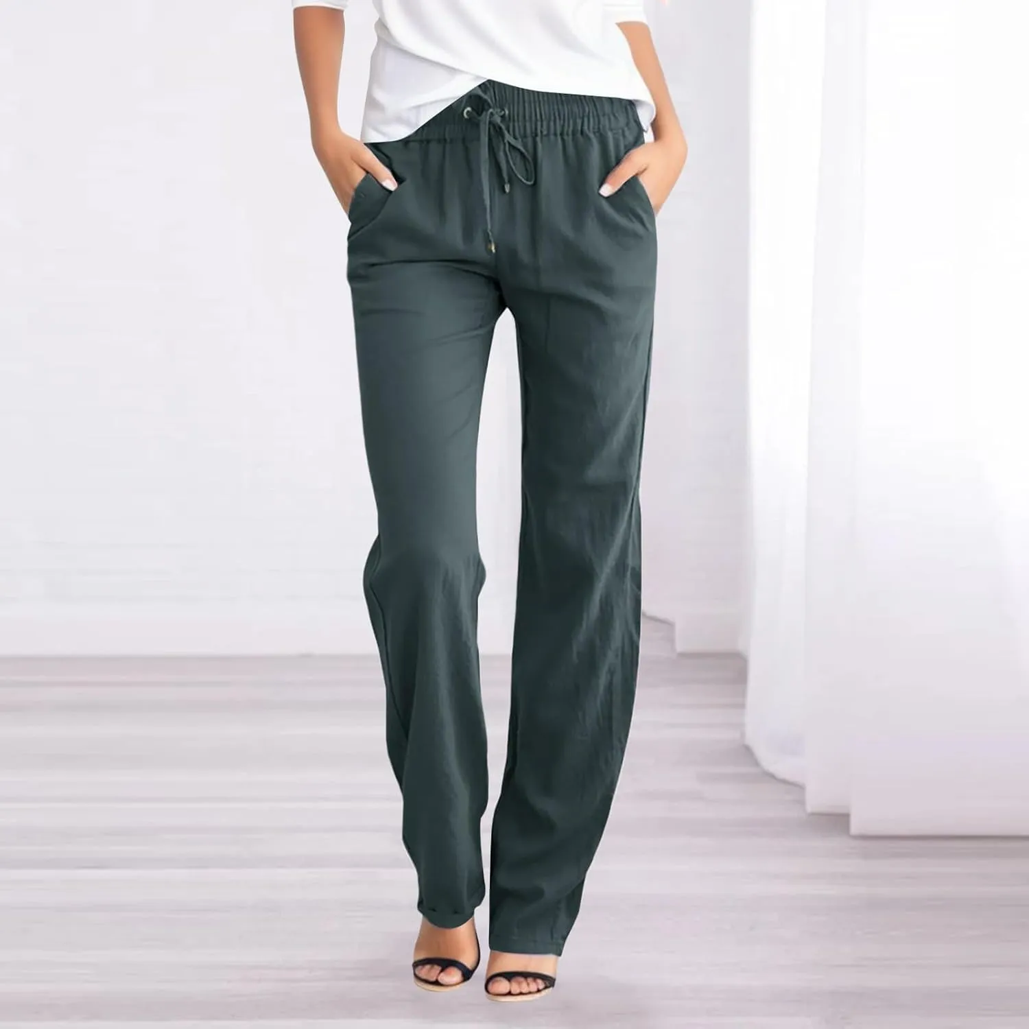 Casual Cotton Linen Pants Women Drawstring Lightweight Pants Summer Relax Fit Pants Straight Leg Lounge Trousers