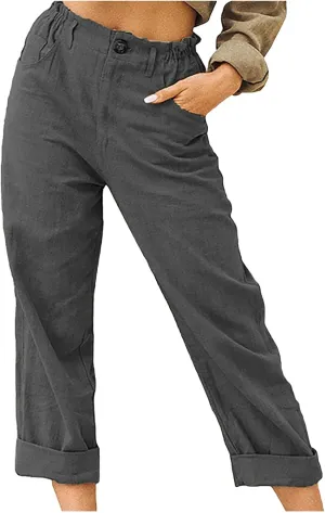 Ceboyel Women's Cotton Linen Capris Pants Straight Wide Leg Pants Summer Baggy Trouser Causal Relax Fit Trendy Outfits 2023
