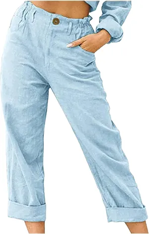 Ceboyel Women's Cotton Linen Capris Pants Straight Wide Leg Pants Summer Baggy Trouser Causal Relax Fit Trendy Outfits 2023