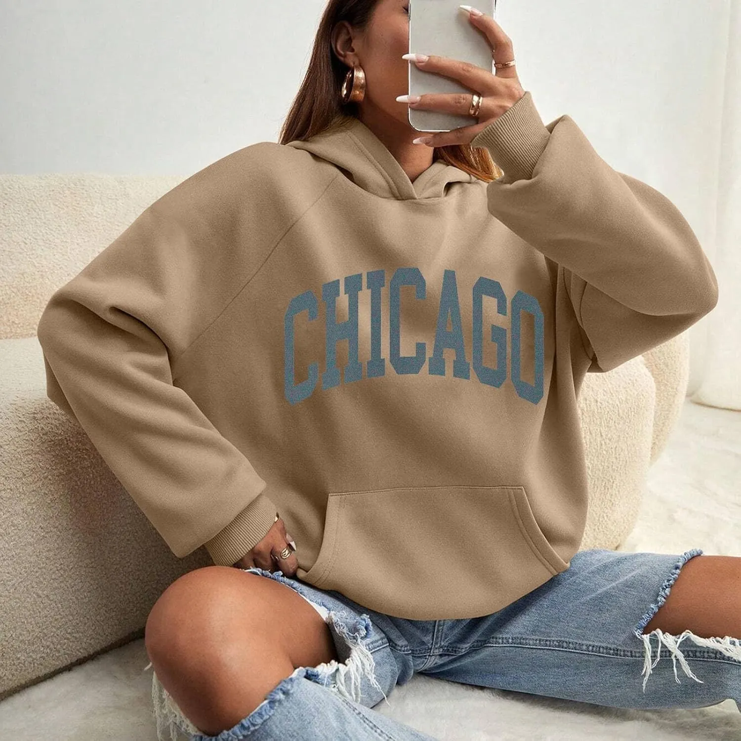 Chicago Hoodies for Women Cozy Sweatshirt Y2K Crewneck Long Sleeve Pullover Oversized Hoodie with Pockets