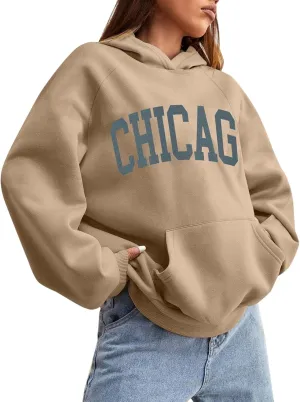Chicago Hoodies for Women Cozy Sweatshirt Y2K Crewneck Long Sleeve Pullover Oversized Hoodie with Pockets