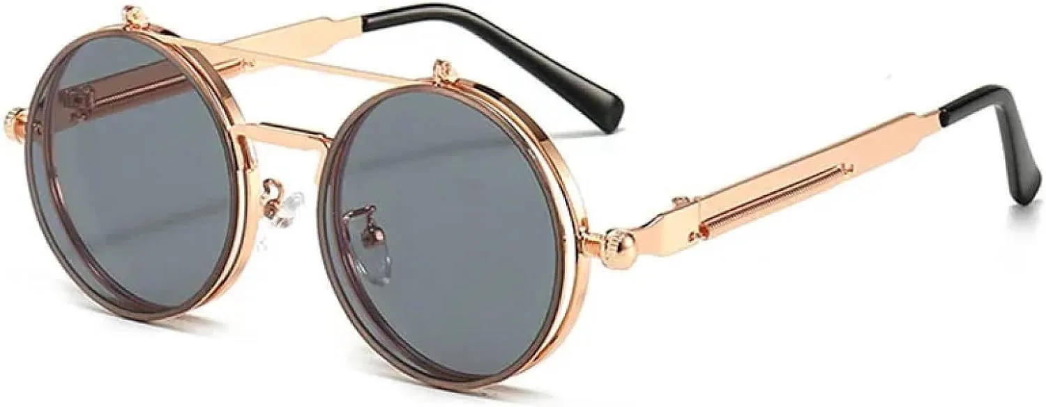 Classic Vintage Round Steampunk Men Women Fashion Metal Mirror Flip Lens Sun Glasses Uv400