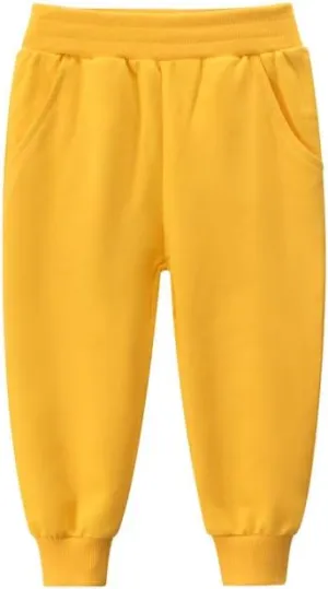 Cotton Casual Sweatpants Girls Elastic Waist Side Pockets Yellow Joggers Loose Fit Soft Cotton Blend Activewear Sports