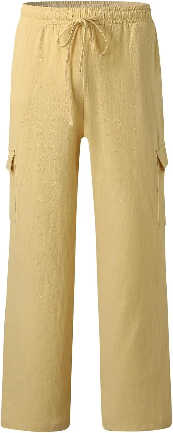 Cotton Linen Pants for Men Mid Waist Drawstring Pants Plain Breathable Yoga Trousers Baggy Beach Trouser with Pockets