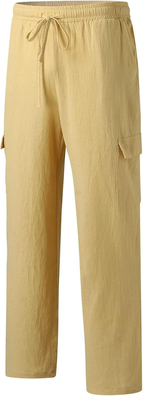 Cotton Linen Pants for Men Mid Waist Drawstring Pants Plain Breathable Yoga Trousers Baggy Beach Trouser with Pockets
