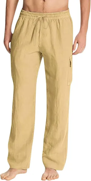 Cotton Linen Pants for Men Mid Waist Drawstring Pants Plain Breathable Yoga Trousers Baggy Beach Trouser with Pockets