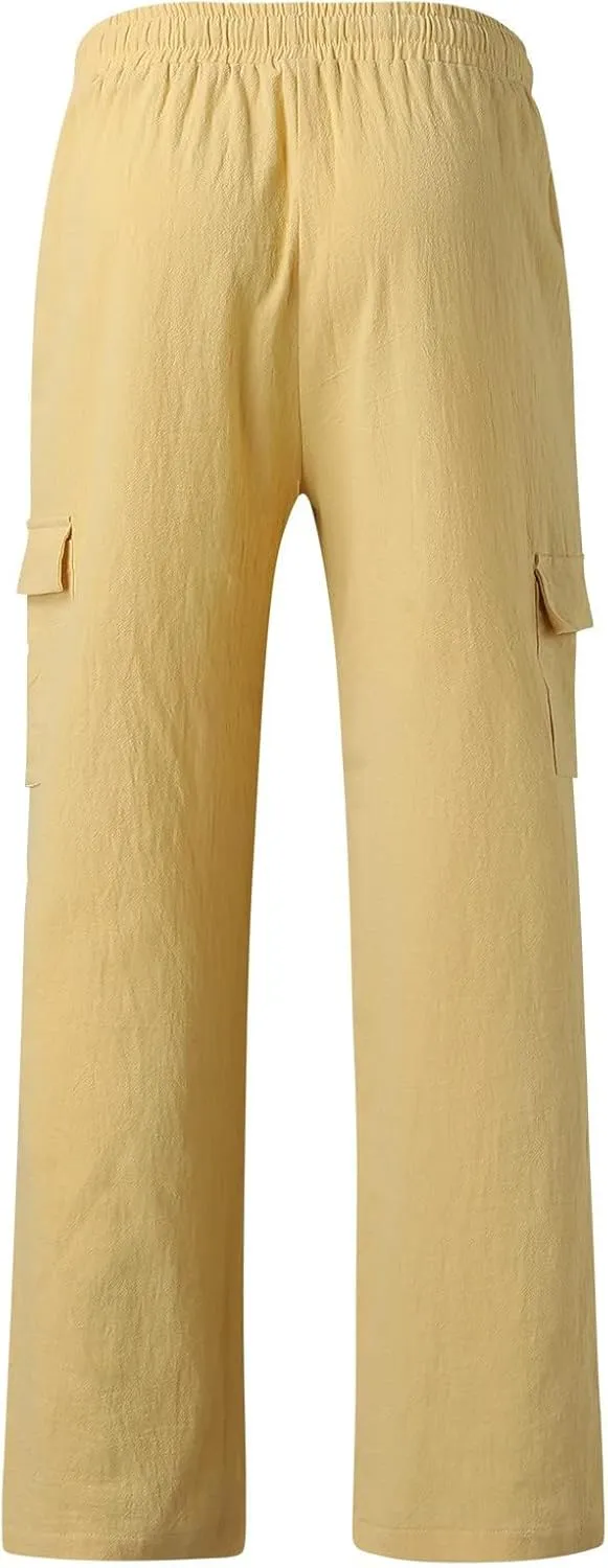 Cotton Linen Pants for Men Mid Waist Drawstring Pants Plain Breathable Yoga Trousers Baggy Beach Trouser with Pockets