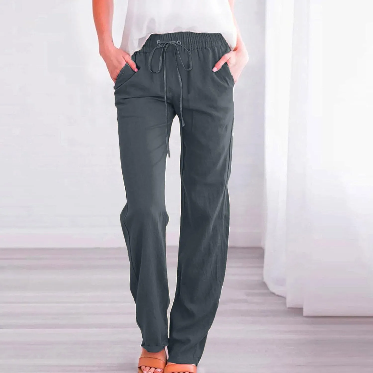 Cotton Linen Pants for Women Elastic High Waisted Drawstring Straight Leg Trousers Casual Fitted Comfy 2025 Summer Pants