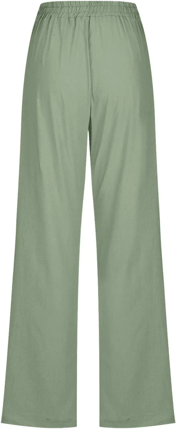 Cotton Linen Pants for Women Elastic High Waisted Drawstring Straight Leg Trousers Casual Fitted Comfy 2025 Summer Pants