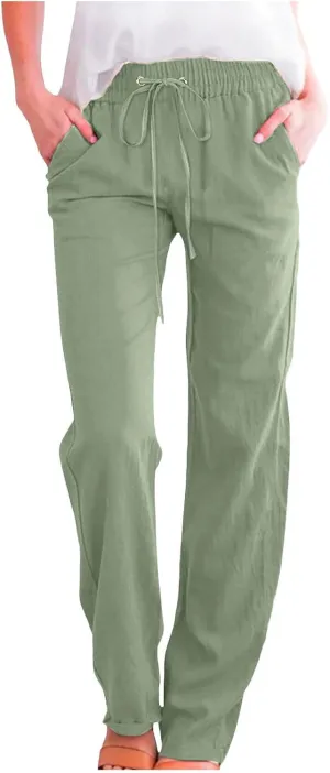 Cotton Linen Pants for Women Elastic High Waisted Drawstring Straight Leg Trousers Casual Fitted Comfy 2025 Summer Pants