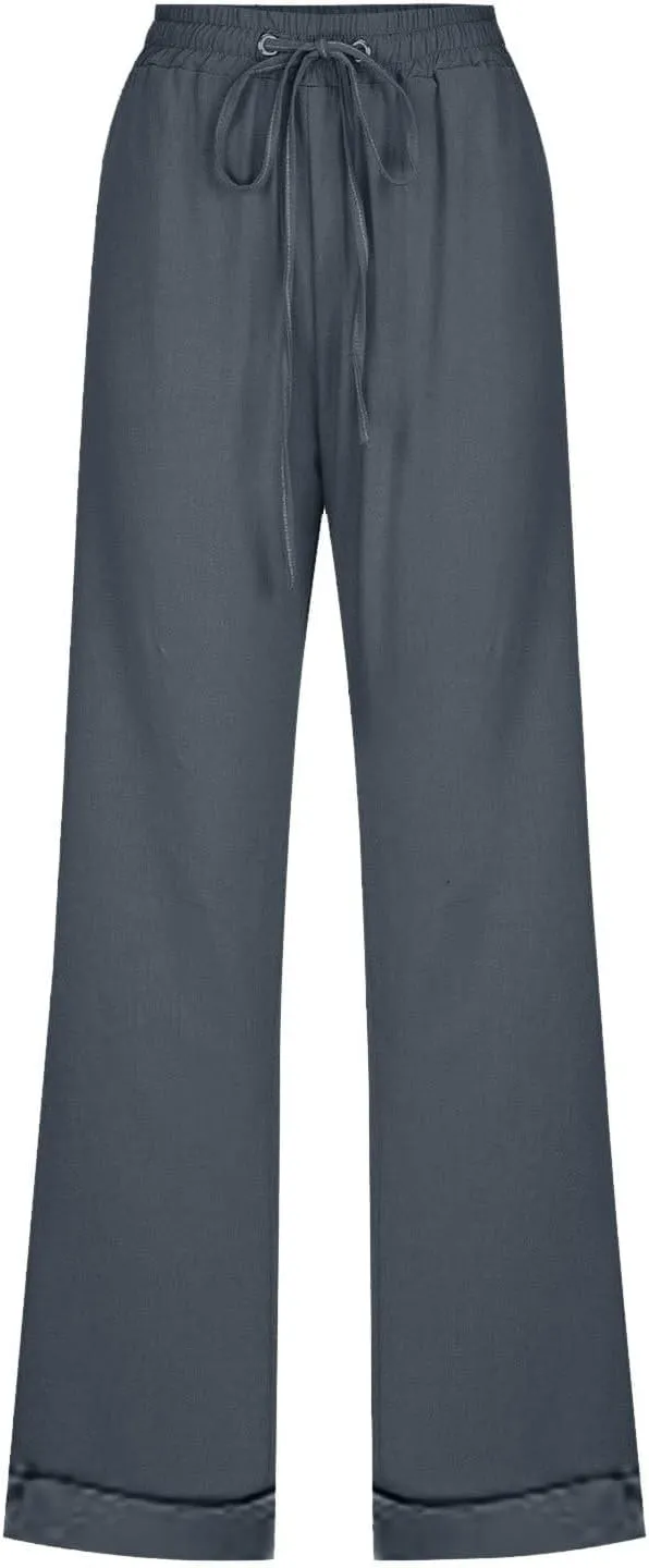 Cotton Linen Pants for Women Elastic High Waisted Drawstring Straight Leg Trousers Casual Fitted Comfy 2025 Summer Pants