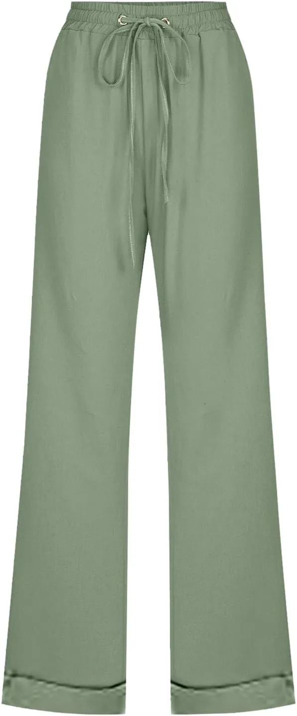 Cotton Linen Pants for Women Elastic High Waisted Drawstring Straight Leg Trousers Casual Fitted Comfy 2025 Summer Pants