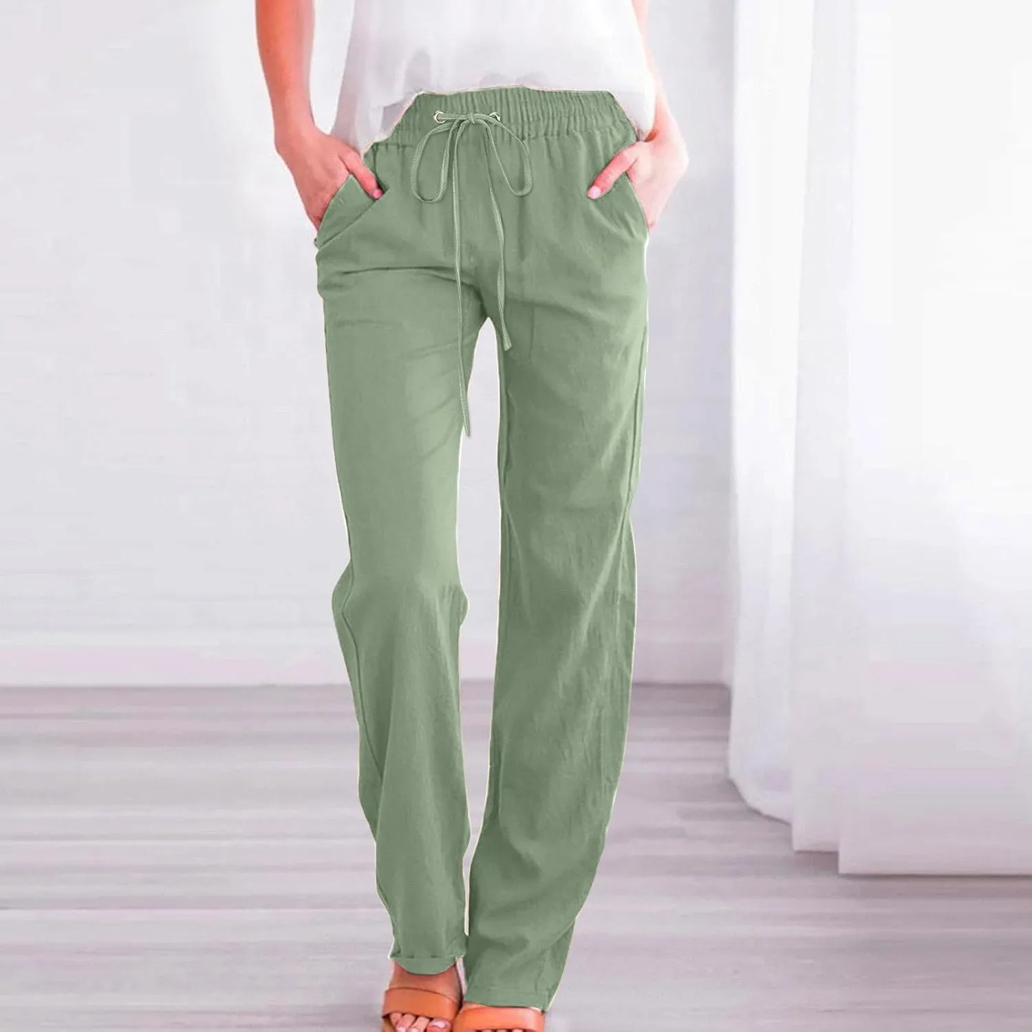 Cotton Linen Pants for Women Elastic High Waisted Drawstring Straight Leg Trousers Casual Fitted Comfy 2025 Summer Pants