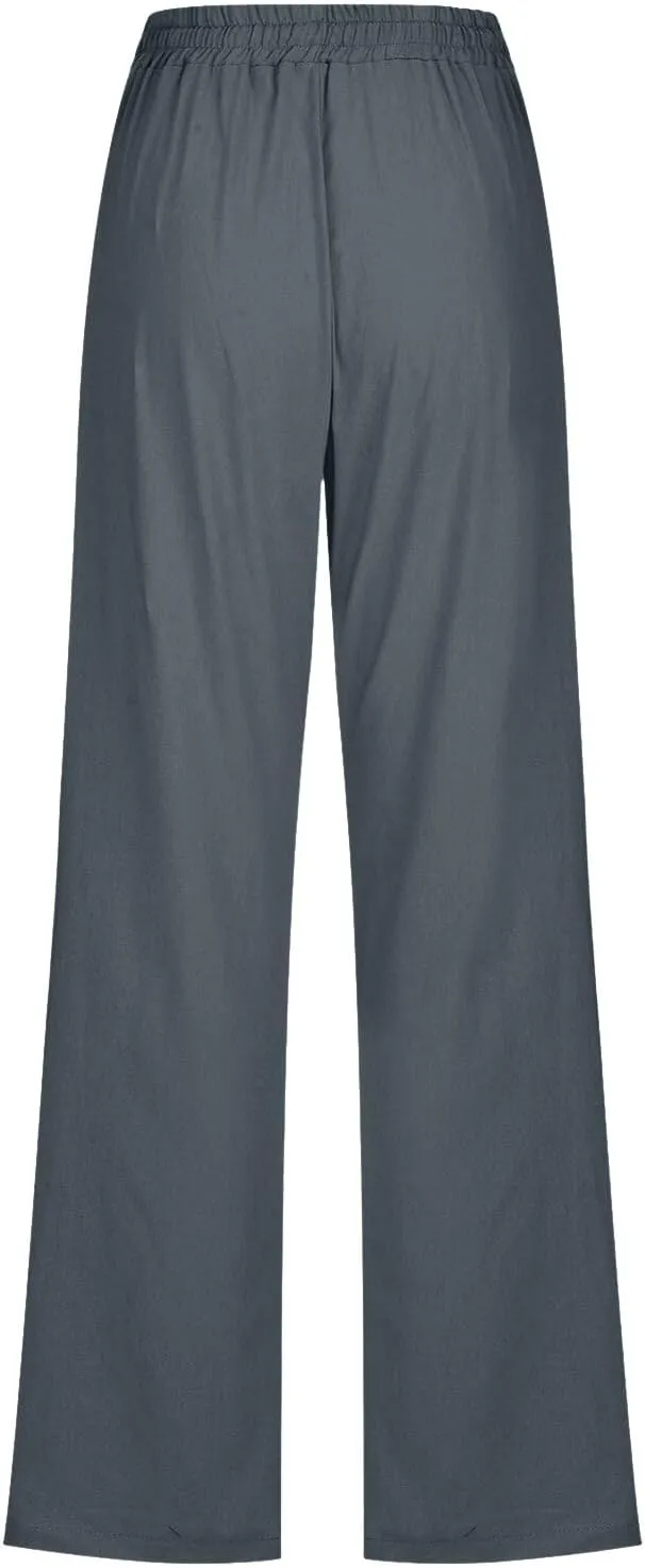Cotton Linen Pants for Women Elastic High Waisted Drawstring Straight Leg Trousers Casual Fitted Comfy 2025 Summer Pants