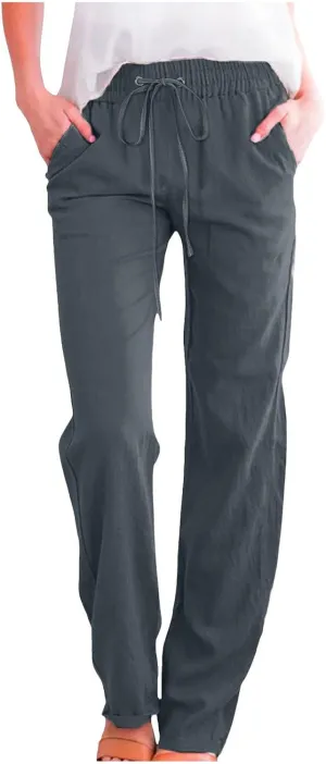 Cotton Linen Pants for Women Elastic High Waisted Drawstring Straight Leg Trousers Casual Fitted Comfy 2025 Summer Pants