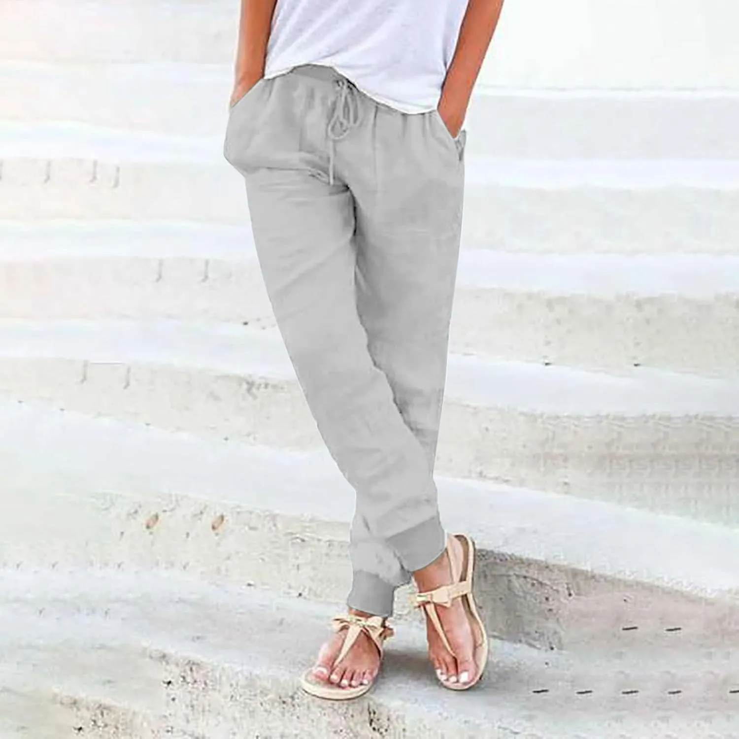 Cotton Linen Tapered Pants Womens Summer Drawstring Elastic Waisted Pant Casual Joggers Travel Trousers with Pockets