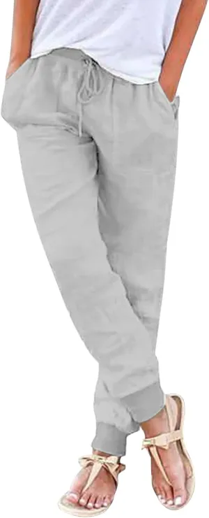 Cotton Linen Tapered Pants Womens Summer Drawstring Elastic Waisted Pant Casual Joggers Travel Trousers with Pockets