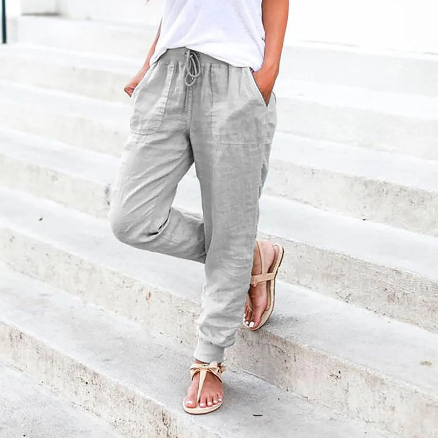 Cotton Linen Tapered Pants Womens Summer Drawstring Elastic Waisted Pant Casual Joggers Travel Trousers with Pockets