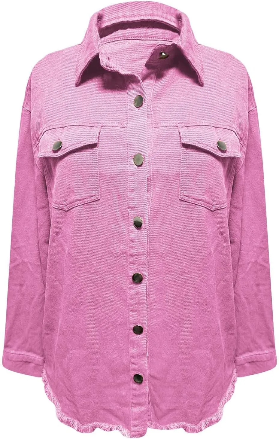 Denim Jacket for Women Fashion Oversized Button Down Long Sleeve Jacket Frayed Hem Long Distresse Tops with Pockets