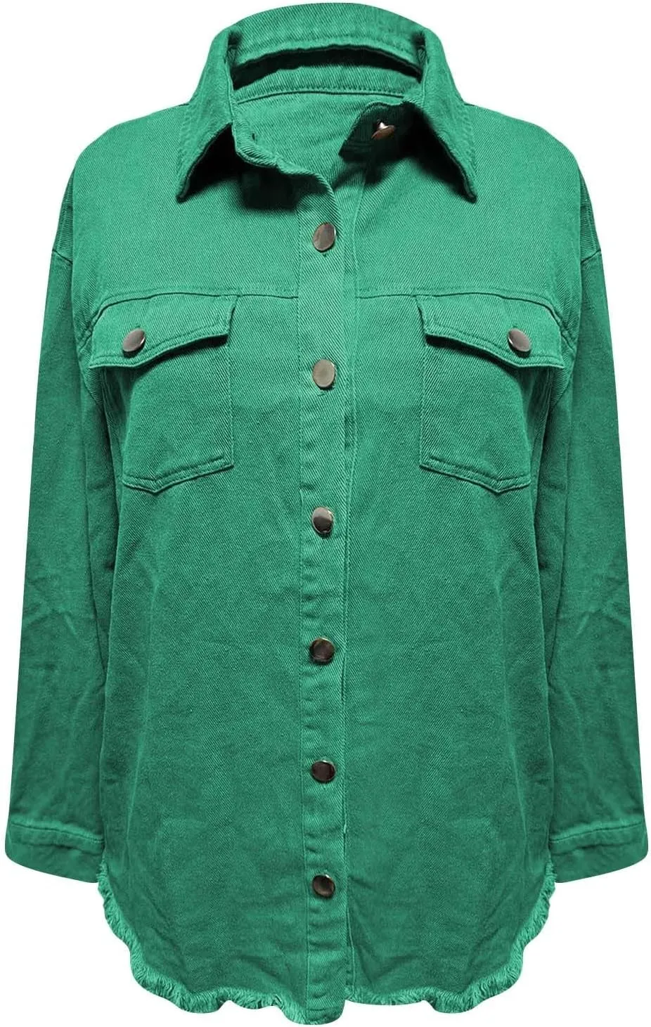 Denim Jacket for Women Fashion Oversized Button Down Long Sleeve Jacket Frayed Hem Long Distresse Tops with Pockets