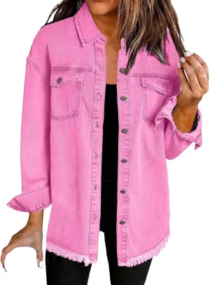 Denim Jacket for Women Fashion Oversized Button Down Long Sleeve Jacket Frayed Hem Long Distresse Tops with Pockets