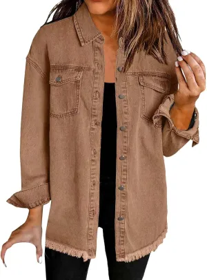 Denim Jacket for Women Fashion Oversized Button Down Long Sleeve Jacket Frayed Hem Long Distresse Tops with Pockets