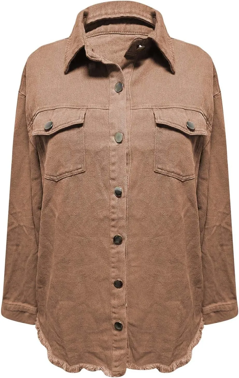Denim Jacket for Women Fashion Oversized Button Down Long Sleeve Jacket Frayed Hem Long Distresse Tops with Pockets