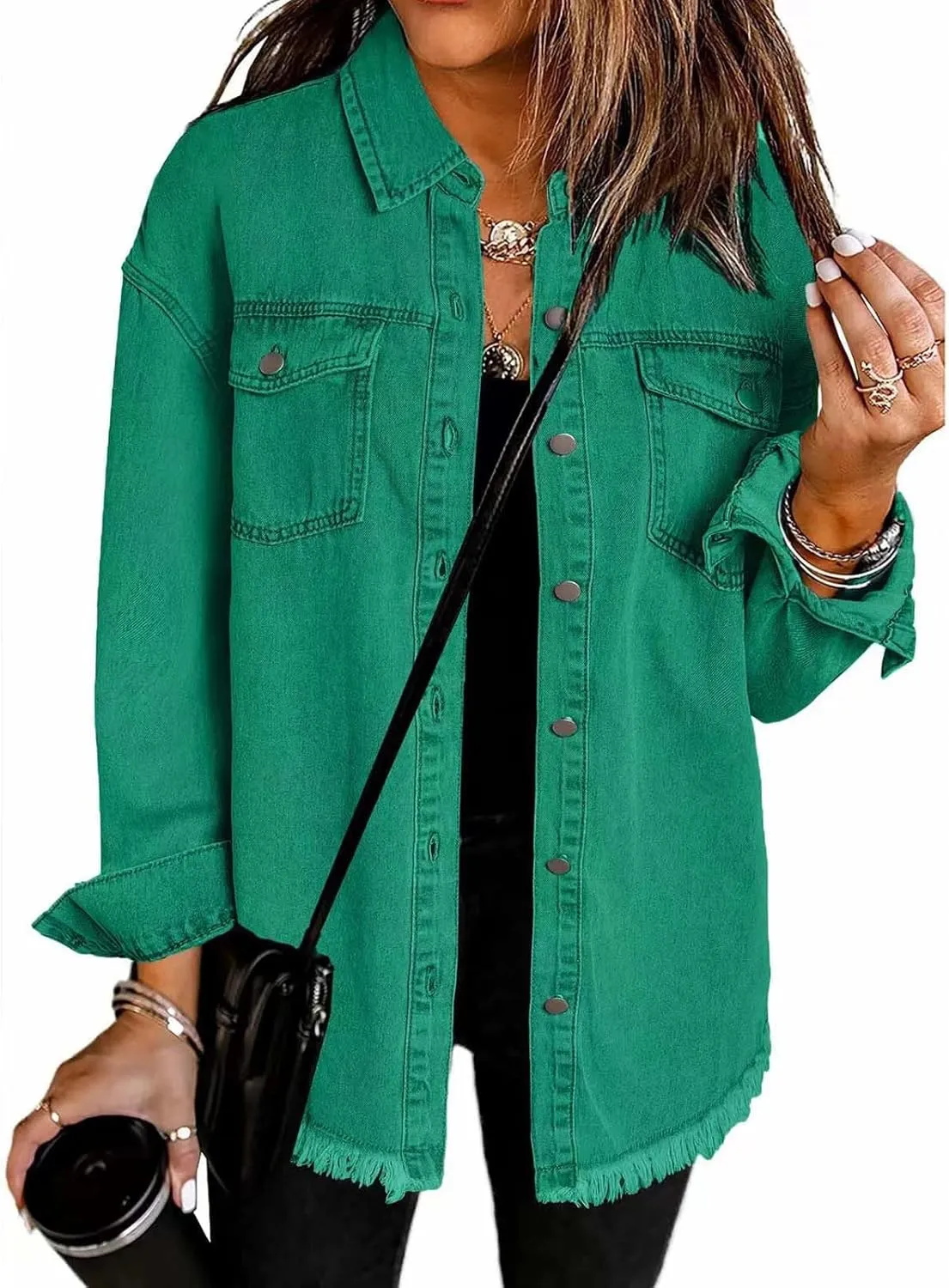 Denim Jacket for Women Fashion Oversized Button Down Long Sleeve Jacket Frayed Hem Long Distresse Tops with Pockets