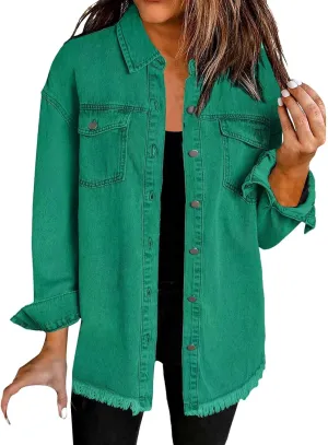 Denim Jacket for Women Fashion Oversized Button Down Long Sleeve Jacket Frayed Hem Long Distresse Tops with Pockets