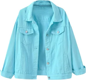 Denim Jacket for Women Vintage Lapel Button Down Jean Coats Plus Size Distressed Boyfriend Trucker Jacket