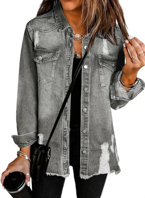 Dokotoo Women's Oversized Denim Jacket Casual Long Sleeve Denim Shirts Distresse Jean Jacket 2025 Spring Outfits