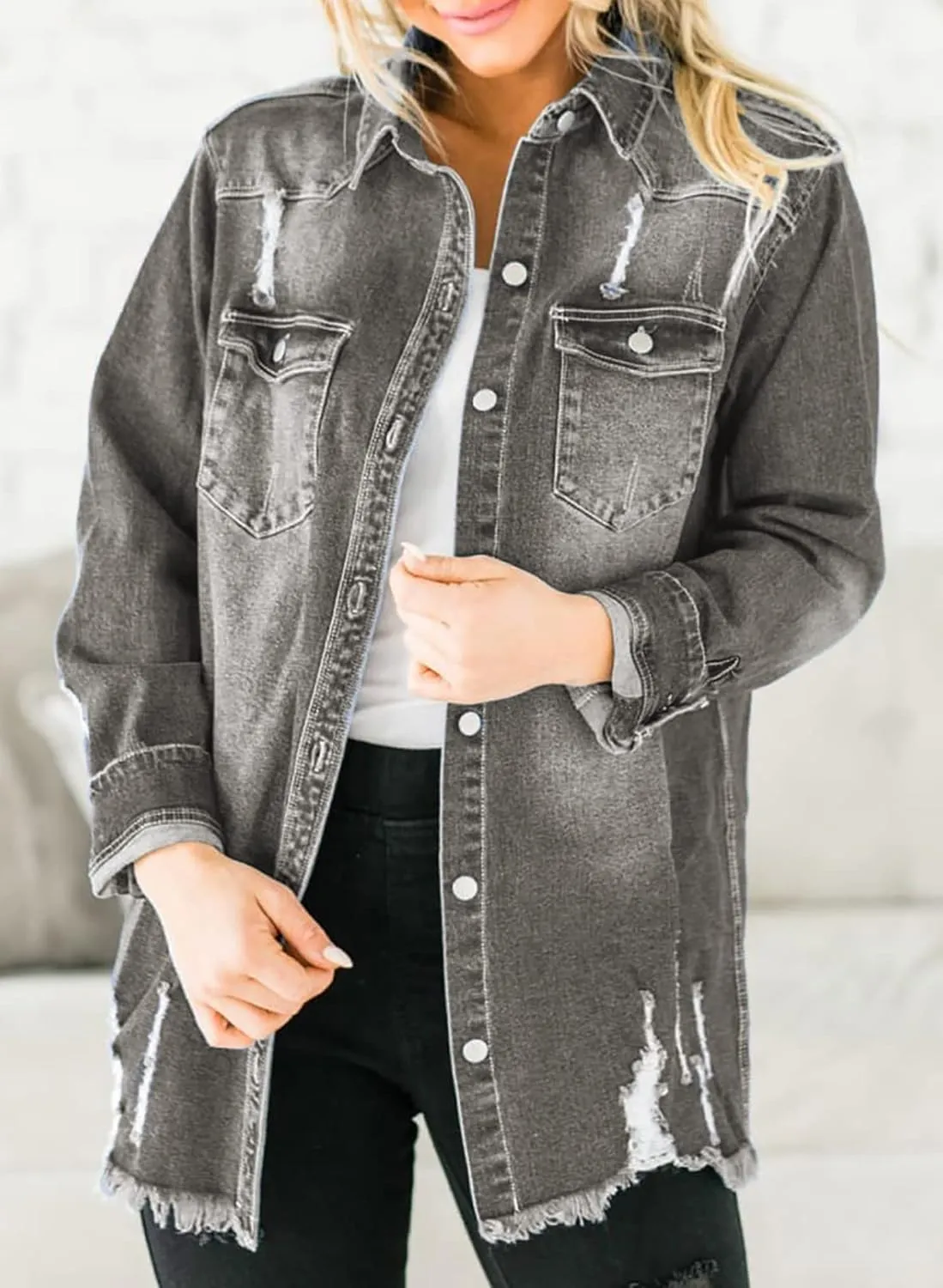 Dokotoo Women's Oversized Denim Jacket Casual Long Sleeve Denim Shirts Distresse Jean Jacket 2025 Spring Outfits