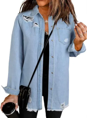 Dokotoo Women's Oversized Denim Jacket Casual Long Sleeve Denim Shirts Distresse Jean Jacket 2025 Spring Outfits