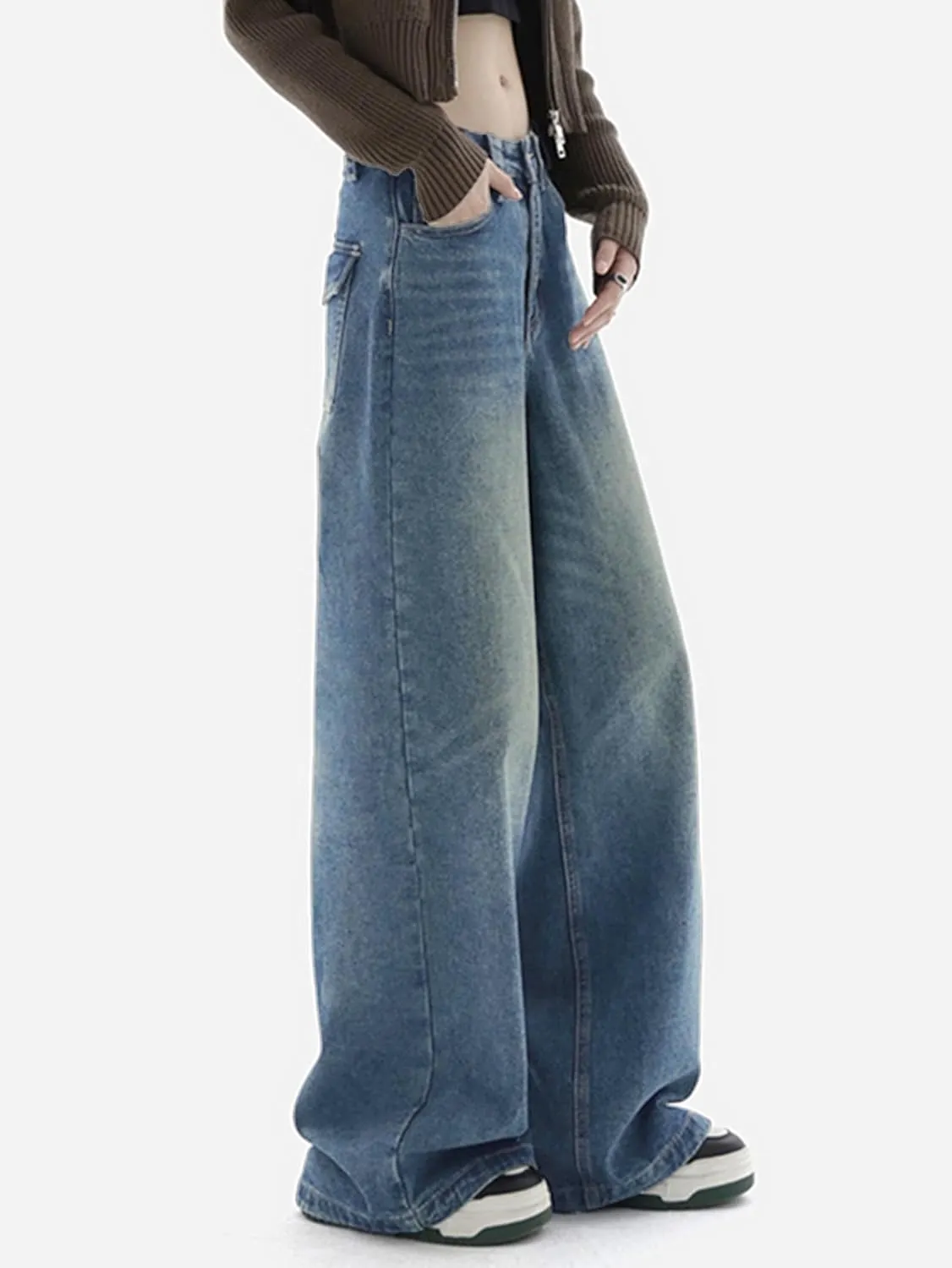 EMMIOL Women Baggy Jeans Wide Leg Mid-Low Waist Jeans Loose Boyfriends Jeans 90s Denim Pants with Pockets