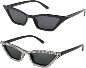 FEISEDY Small Cat Eye Sunglasses B2291 and Vintage Square Sparkling Crystal Sunglasses B2317
