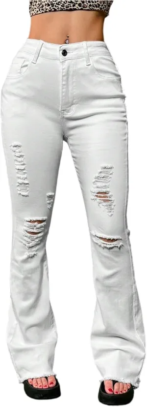 Flare Jeans for Women Elastic High Waisted Ripped Jeans Slim Fit Butt Lifting Bell Bottom Denim Jeans with Pockets