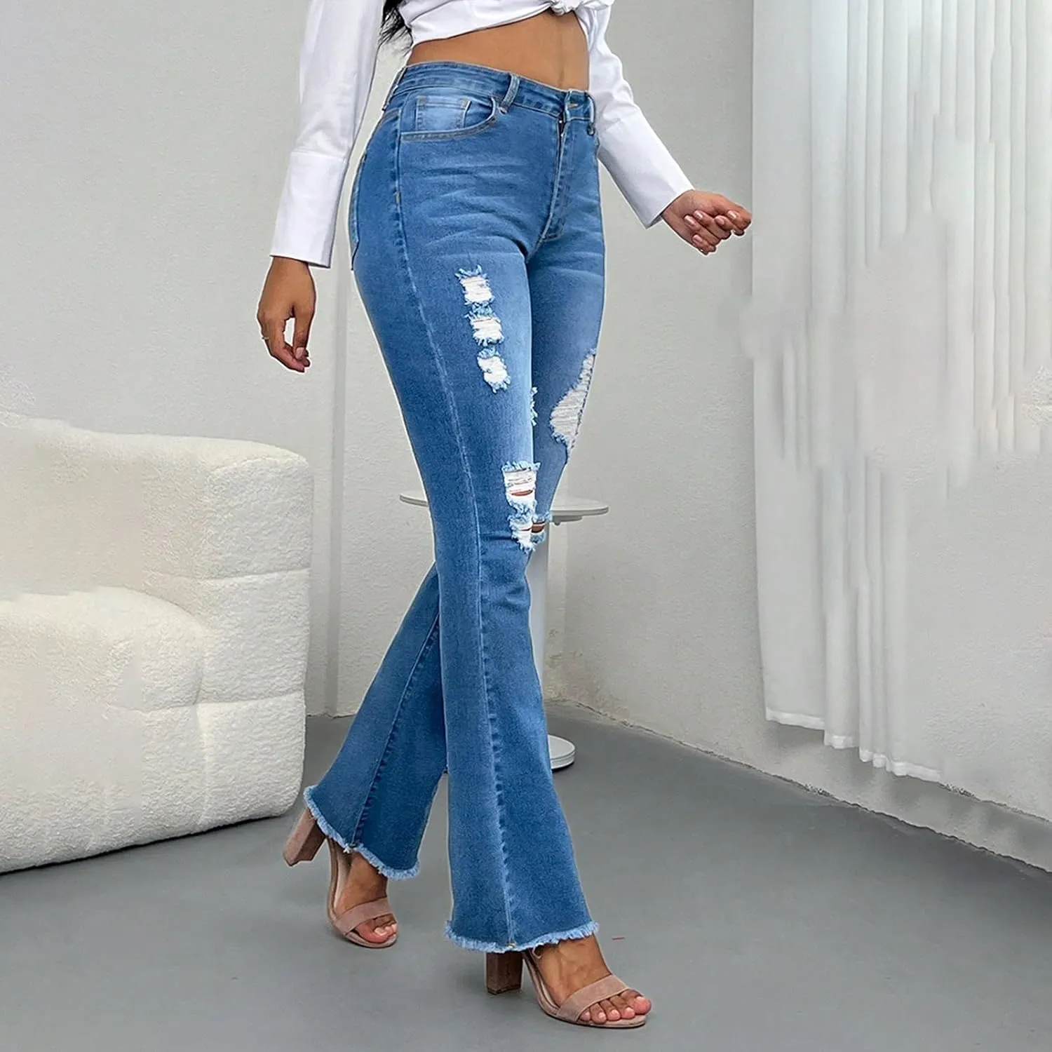 Flare Jeans for Women Elastic High Waisted Ripped Jeans Slim Fit Butt Lifting Bell Bottom Denim Jeans with Pockets